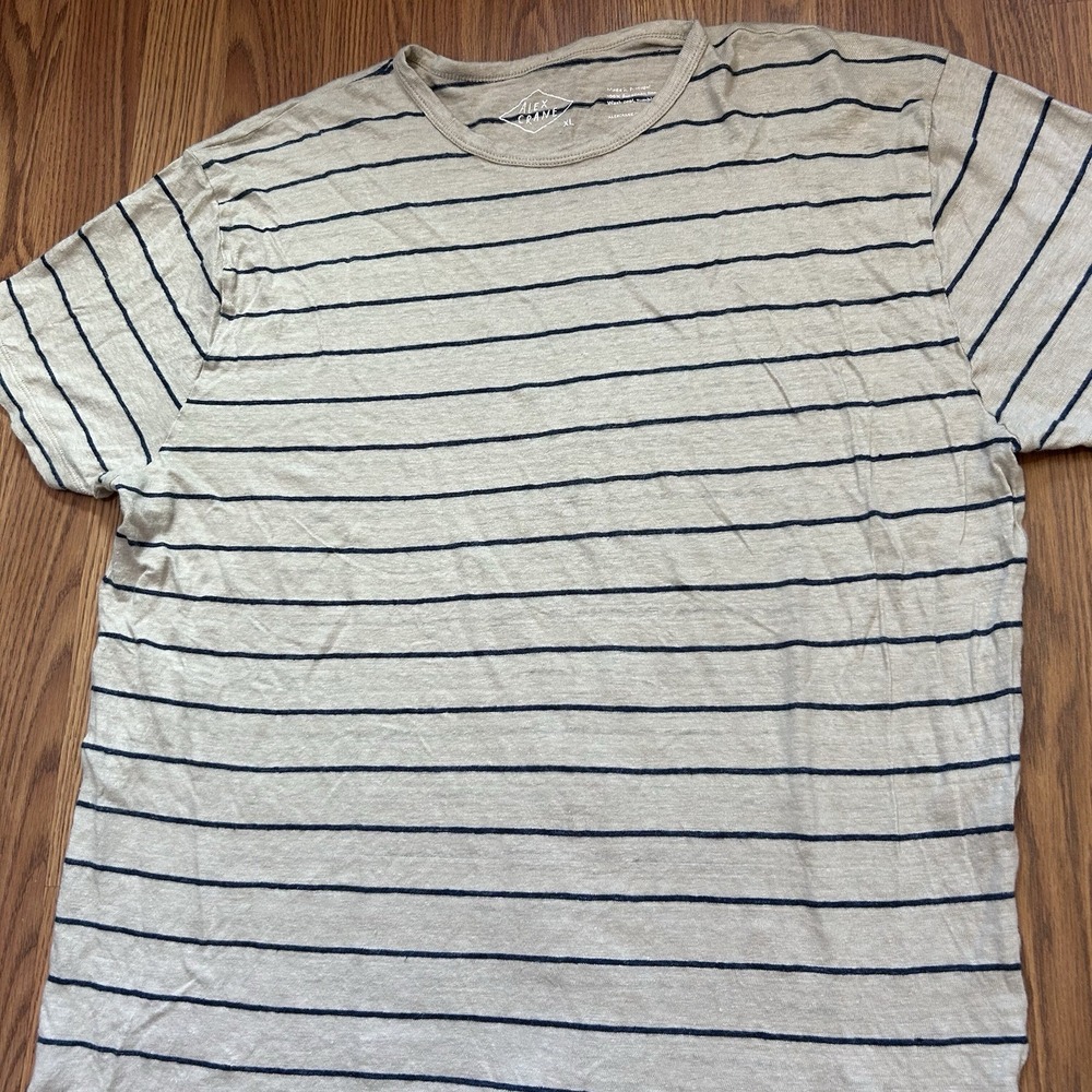 Alex Crane European Linen T-Shirt Men's XL Beige Short Sleeve Blue Striped Boho